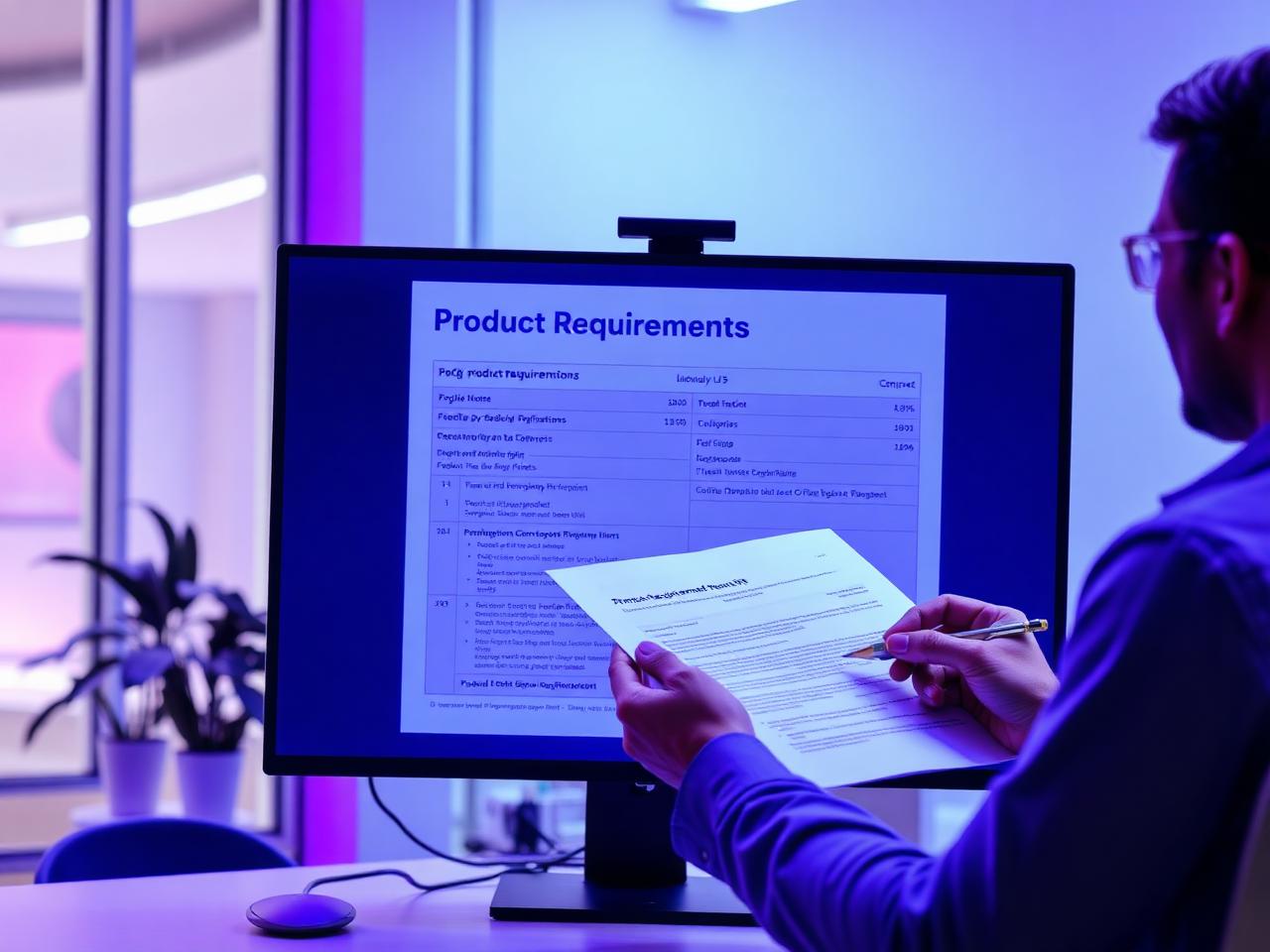 Product requirements document reviewed on a monitor