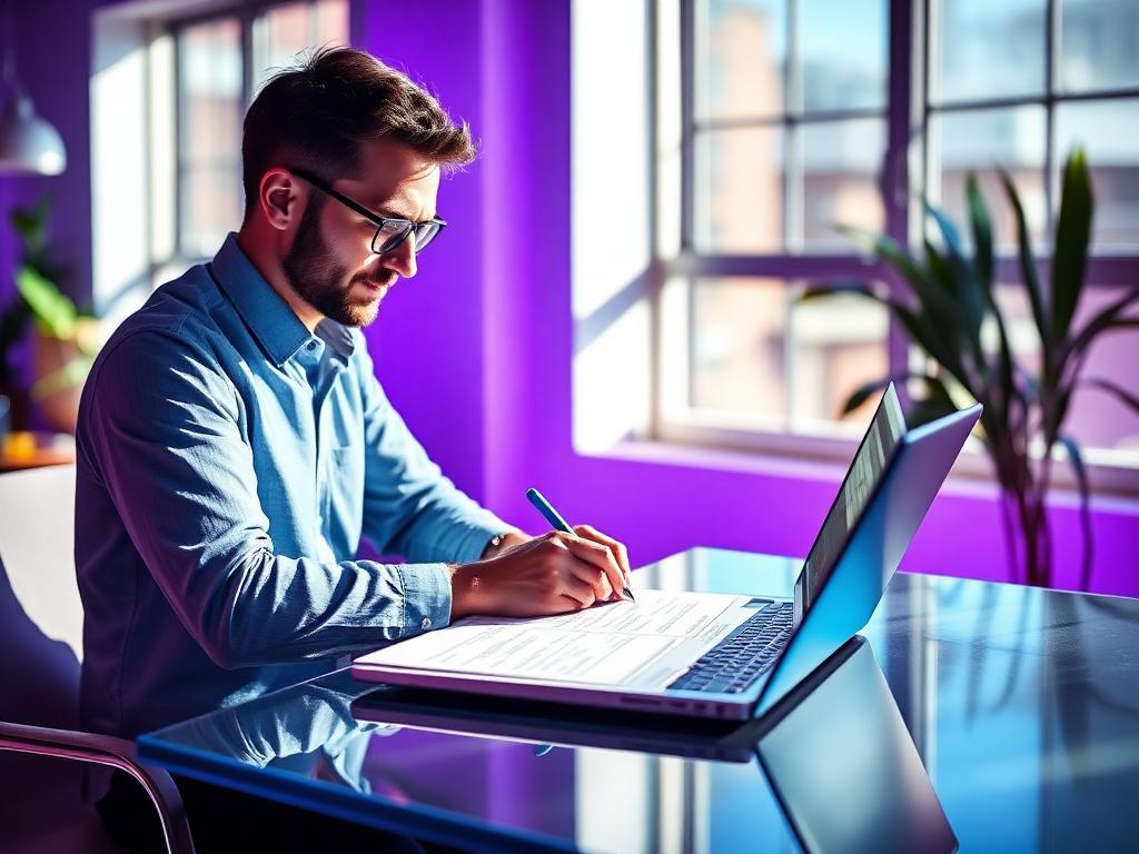 Product manager drafting a requirements doc on a large monitor in a bright office